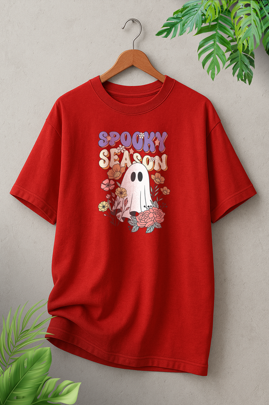 Spooky Season Ghost Floral Graphic T-Shirt for Women – Cute Halloween Tee in Red